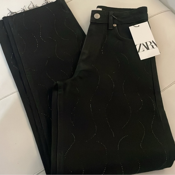 NWT Zara Rhinestone Black Jean Pants Embroidered- size 4 - Picture 5 of 13